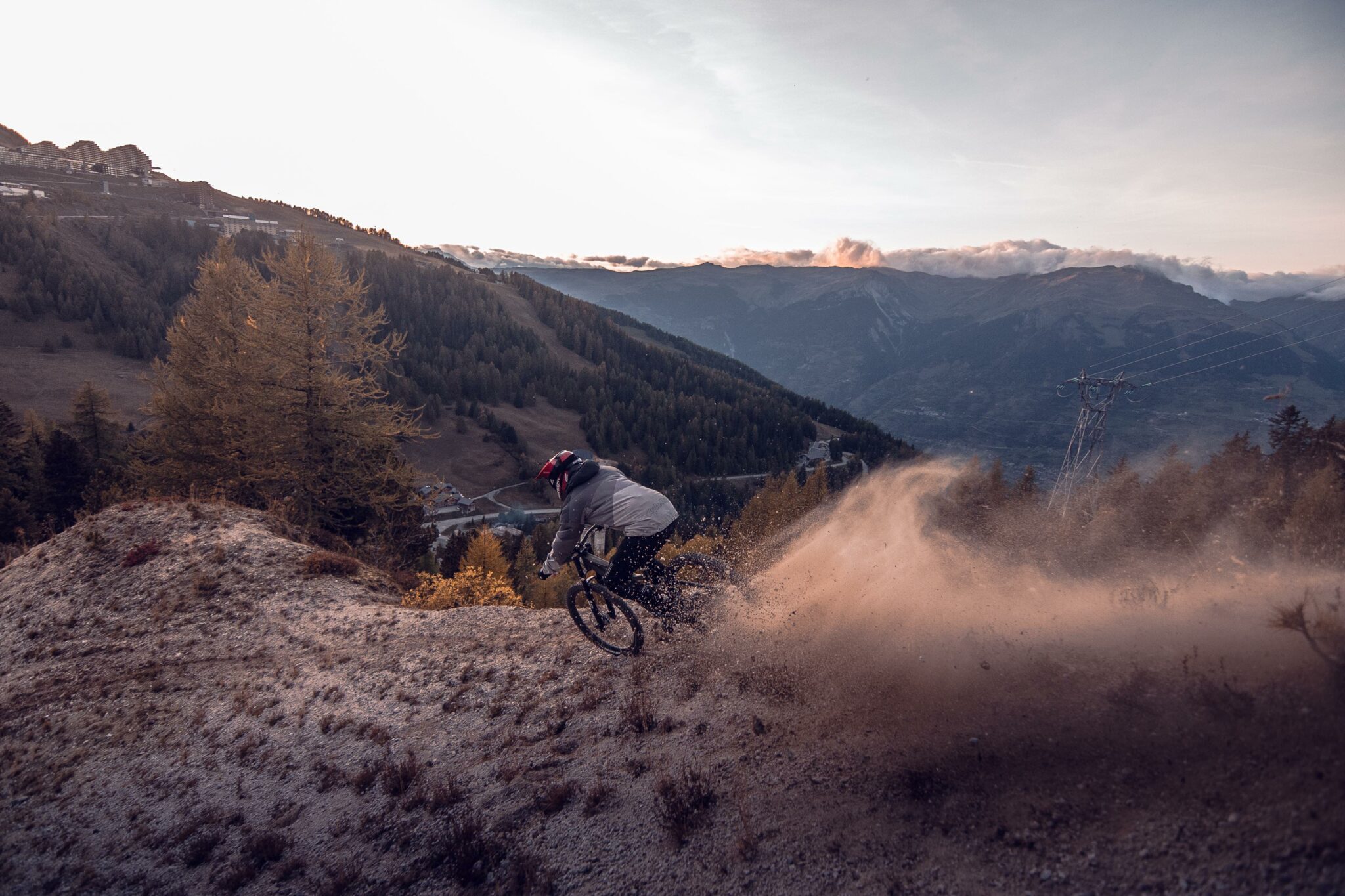 Vincent Pernin riding at sunset near Les Arcs